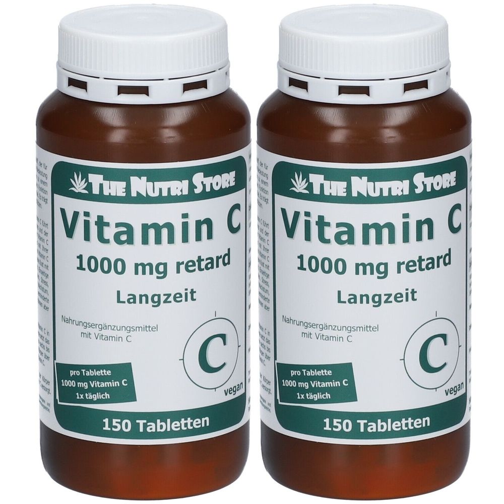 Zwei braune Flaschen mit weißen Deckeln. Auf den Etiketten steht "Vitamin C 1000 mg retard" und "150 Tabletten".