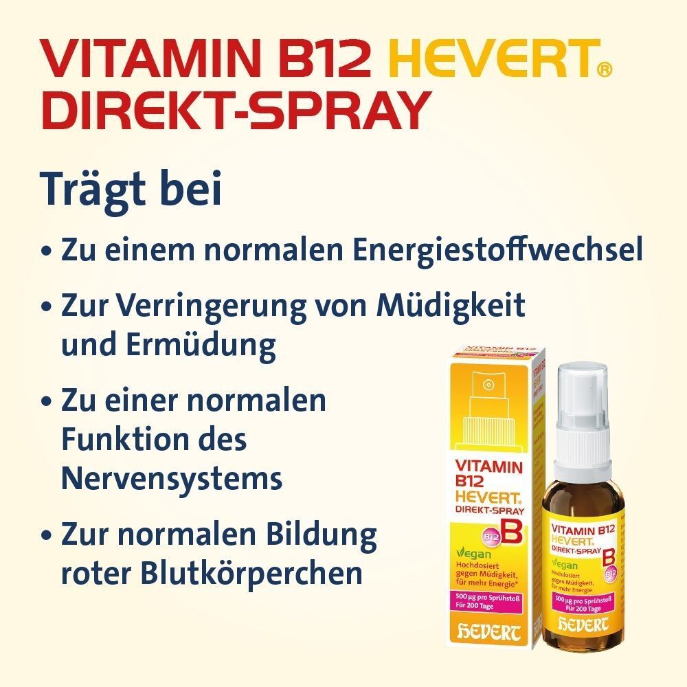 Packung und Sprühflasche VITAMIN B12 HEVERT DIREKT-SPRAY mit Text zu Vorteilen.