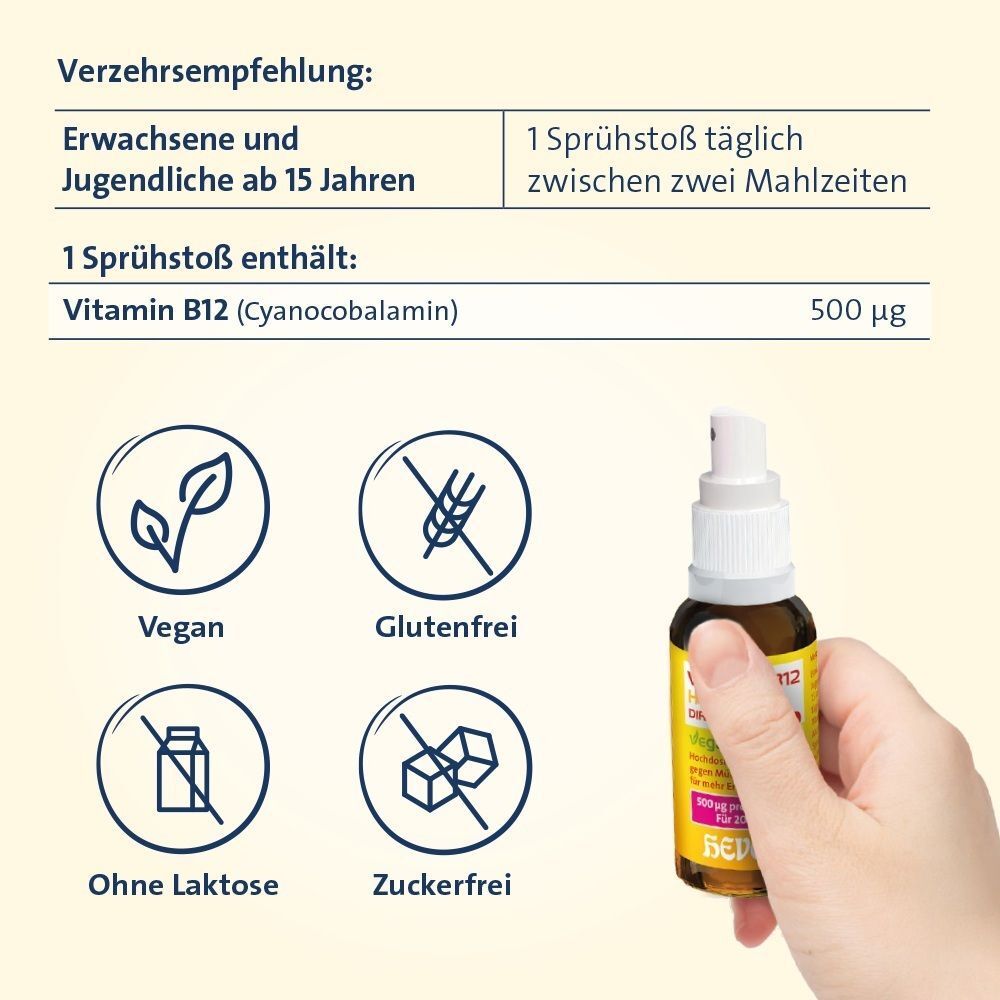Hand hält Sprühflasche VITAMIN B12 HEVERT DIREKT-SPRAY, Symbole für vegan, glutenfrei.