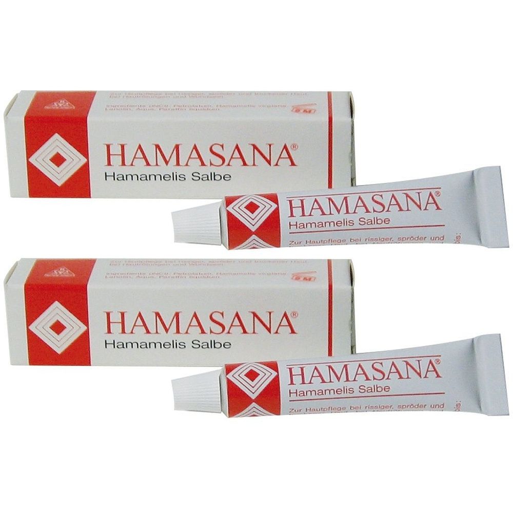 Zwei Tuben und zwei Schachteln Hamasana Hamamelis Salbe. Weiße Tuben und Schachteln mit roter Schrift und Logo. Produktname deutlich sichtbar.