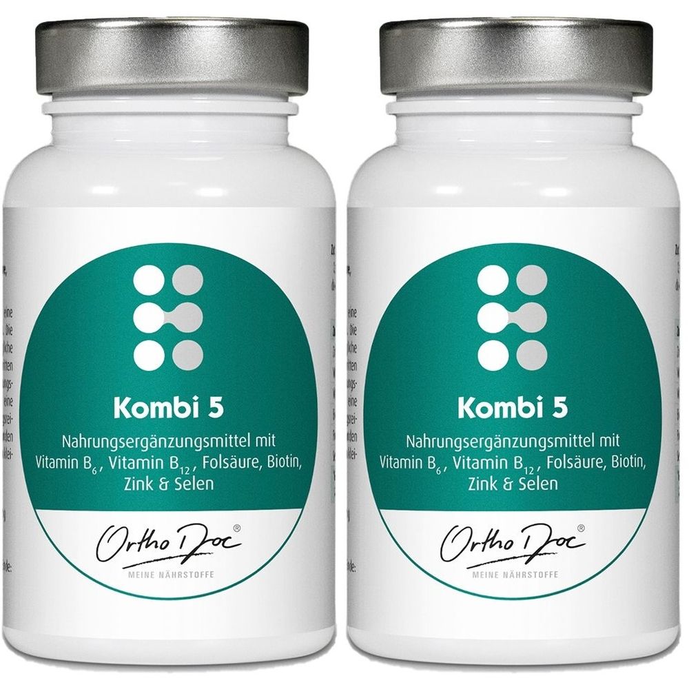 Zwei weiße Flaschen mit silbernen Deckeln. Auf jeder Flasche befindet sich ein grünes Etikett mit der Aufschrift "Kombi 5" und "Ortho Doc".