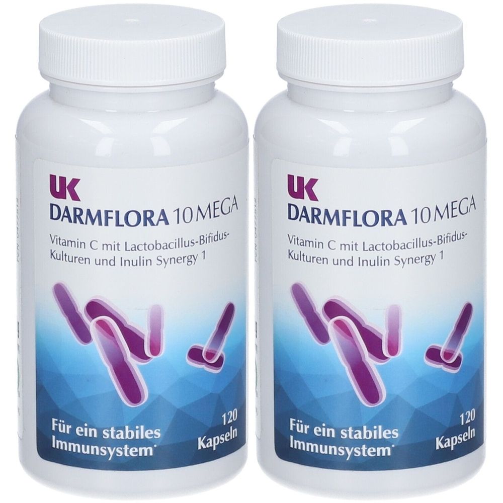 Zwei weiße Flaschen mit dem Produktnamen UK Darmflora 10 Mega. Aufschrift: Vitamin C, Lactobacillus-Bifidus-Kulturen, Inulin Synergy 1. 120 Kapseln.