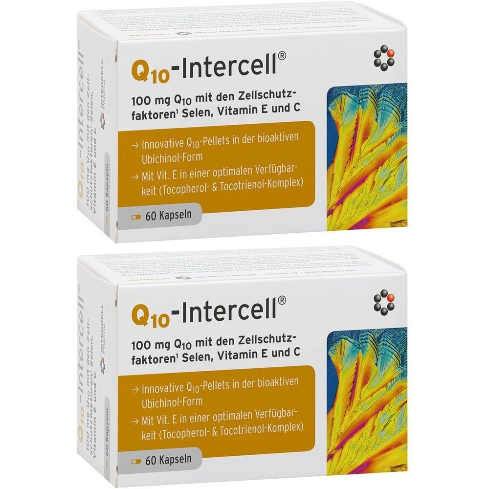 Zwei Schachteln Q10-Intercell®. Aufschrift: 100 mg Q10, Selen, Vitamin E und C. Enthält 60 Kapseln. Innovative Q10-Pellets in bioaktiver Ubichinol-Form.