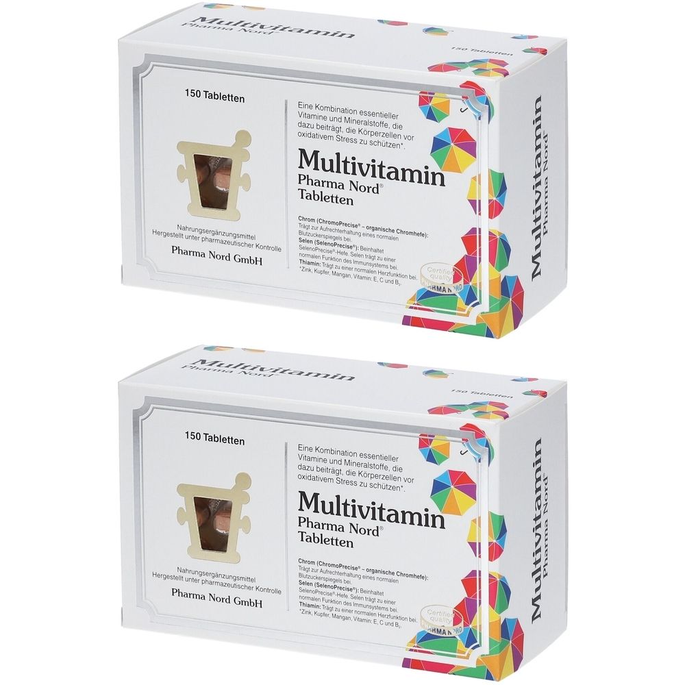 Zwei weiße Kartons mit „Multivitamin Pharma Nord Tabletten“-Aufdruck. Aufschrift: 150 Tabletten. Mehrfarbige geometrische Muster.
