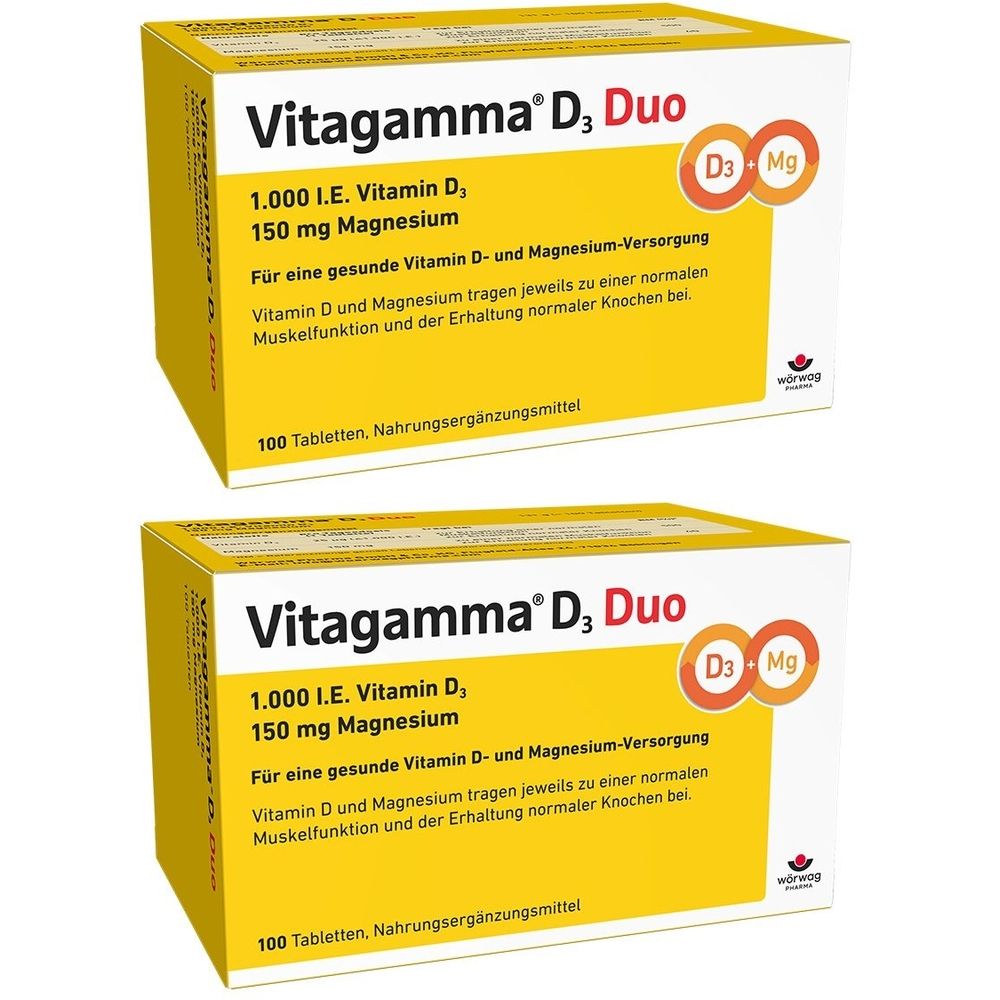 Zwei gelbe Kartons mit der Aufschrift Vitagamma D3 Duo. Enthält Vitamin D und Magnesium. 100 Tabletten, Nahrungsergänzungsmittel.