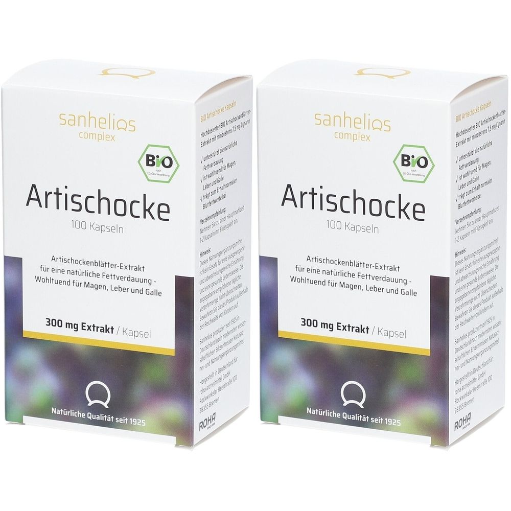 Zwei weiße Schachteln mit "Artischocke"-Kapseln. Aufdrucke: "sanhelios", "BIO", "100 Kapseln", "300 mg Extrakt".
