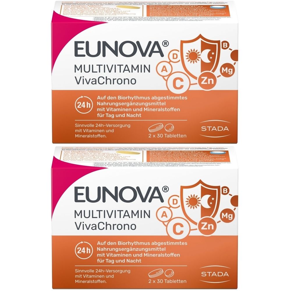 Zwei Packungen EUNOVA® VivaChrono. Orange-weiß-rosa Verpackung mit Produktinformationen und STADA-Logo. Enthält 2 x 30 Tabletten.