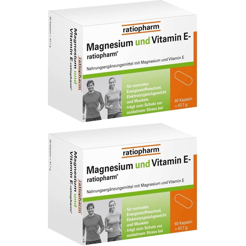 Zwei Schachteln Magnesium und Vitamin E-ratiopharm®. Weiße Verpackung mit Produktnamen, Logo und Abbildung von Kapseln. Enthält 60 Kapseln.