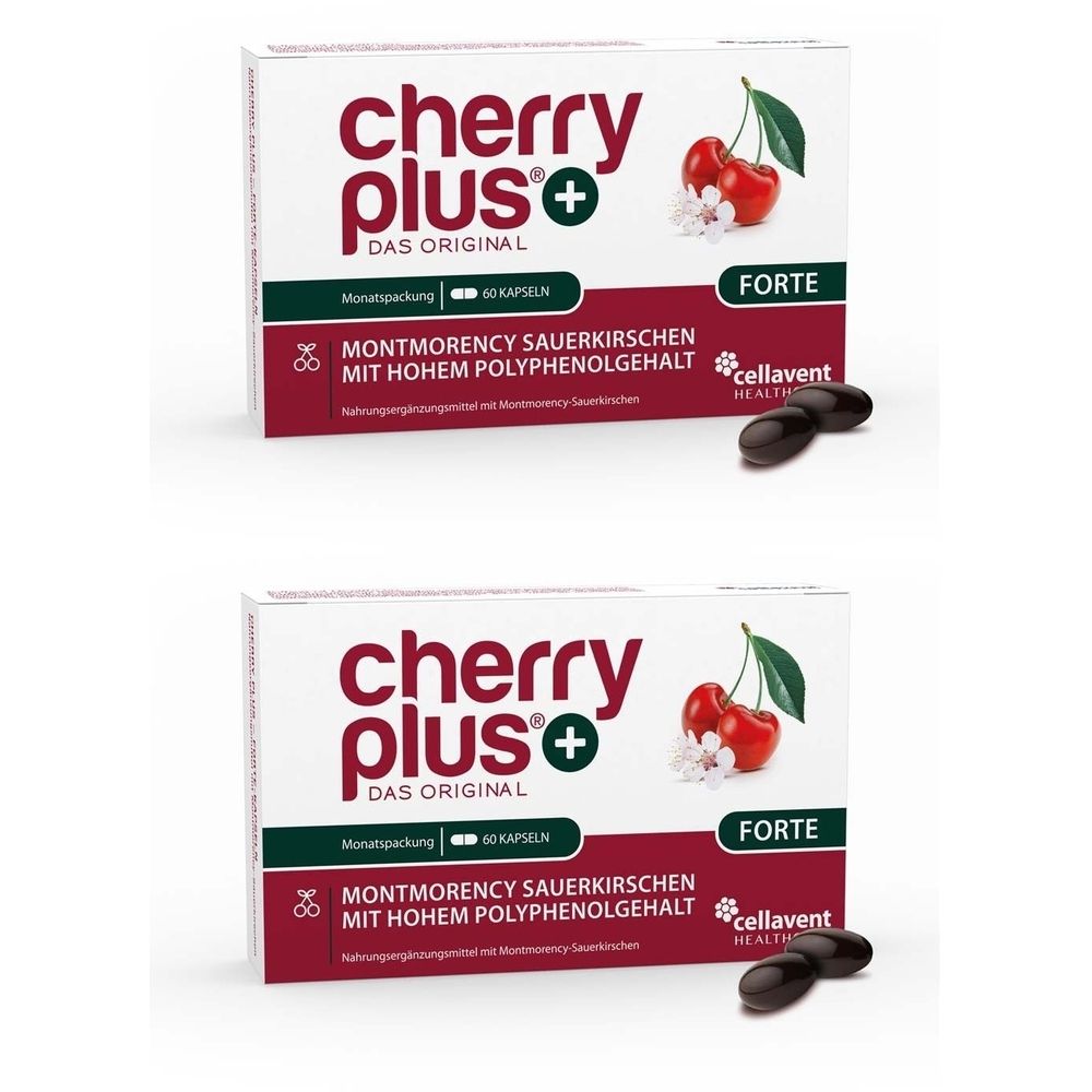 Zwei Schachteln mit Kapseln. Aufschrift: Cherry Plus Forte, Montmorency Sauerkirschen. Abbildung von Kirschen und Blüten. Marke: cellavent health.