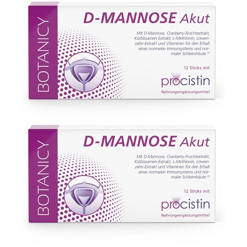 Zwei Packungen BOTANICY D-MANNOSE Akut. Weiße Schachteln mit lila Akzenten. Aufdruck: D-Mannose, 12 Sticks mit procistin.