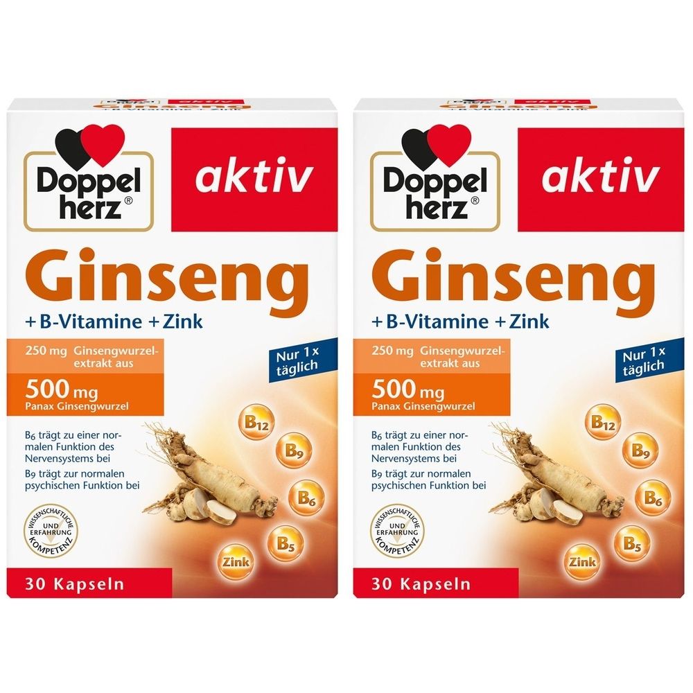 Zwei Packungen Doppelherz Ginseng. Aufschrift: Ginseng + B-Vitamine + Zink. Enthält 30 Kapseln. Mit Zertifizierungen.