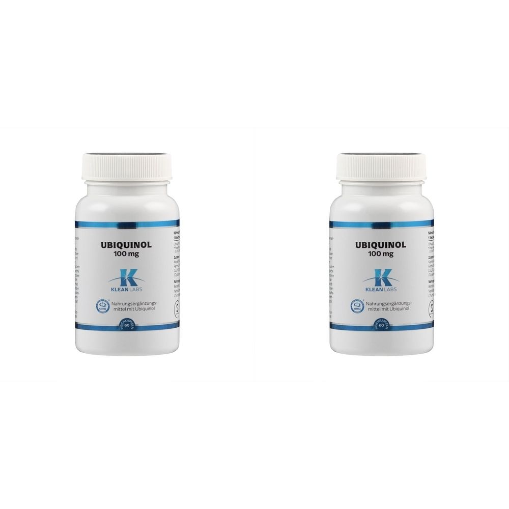 Zwei weiße Flaschen mit Schraubverschluss. Aufschrift: Ubiquinol 100 mg. Blaue und weiße Etiketten mit Logo.