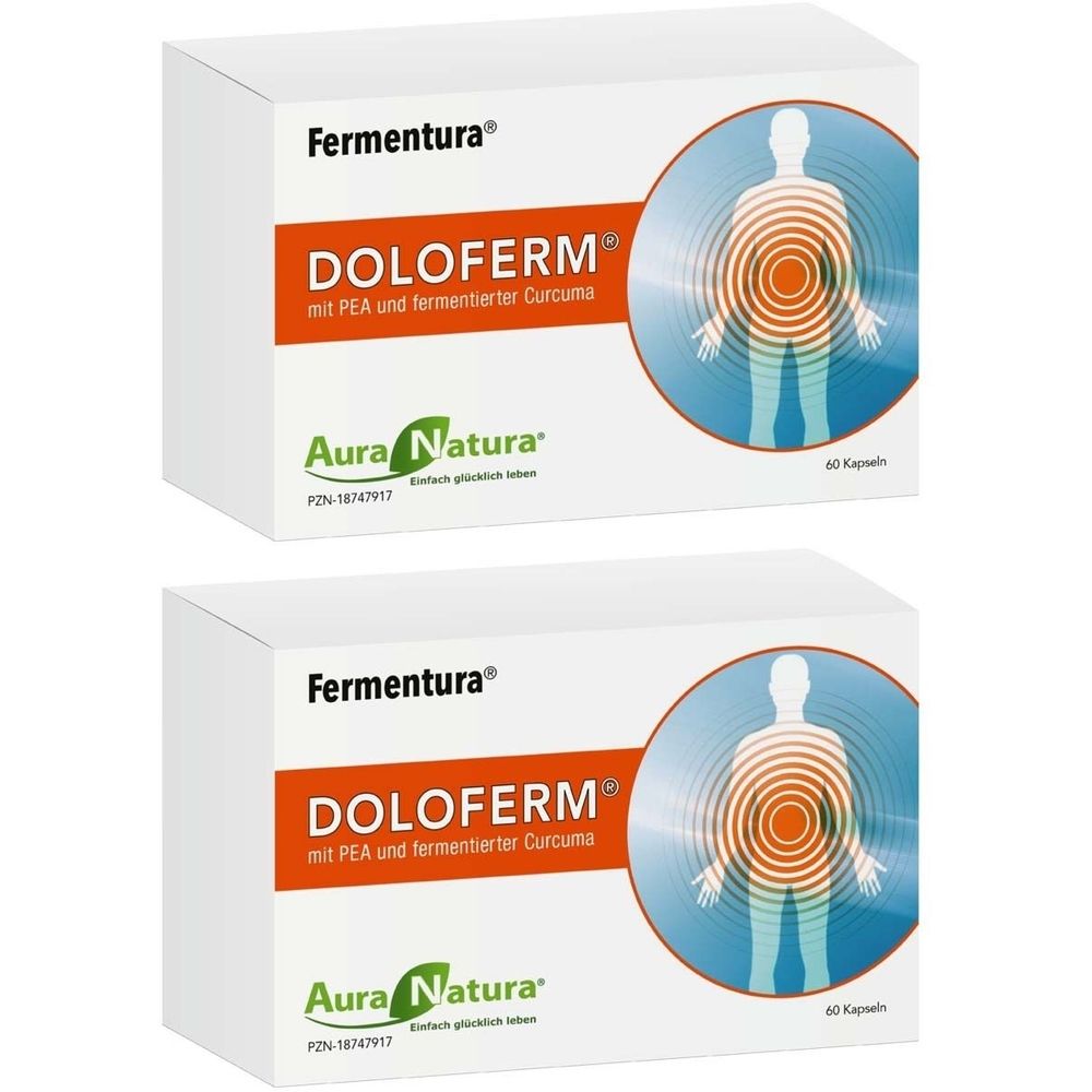 Zwei weiße Kartons mit Produktaufdruck. Aufschrift: DOLOFERM mit PEA und fermentierter Curcuma. Logo: Aura Natura.