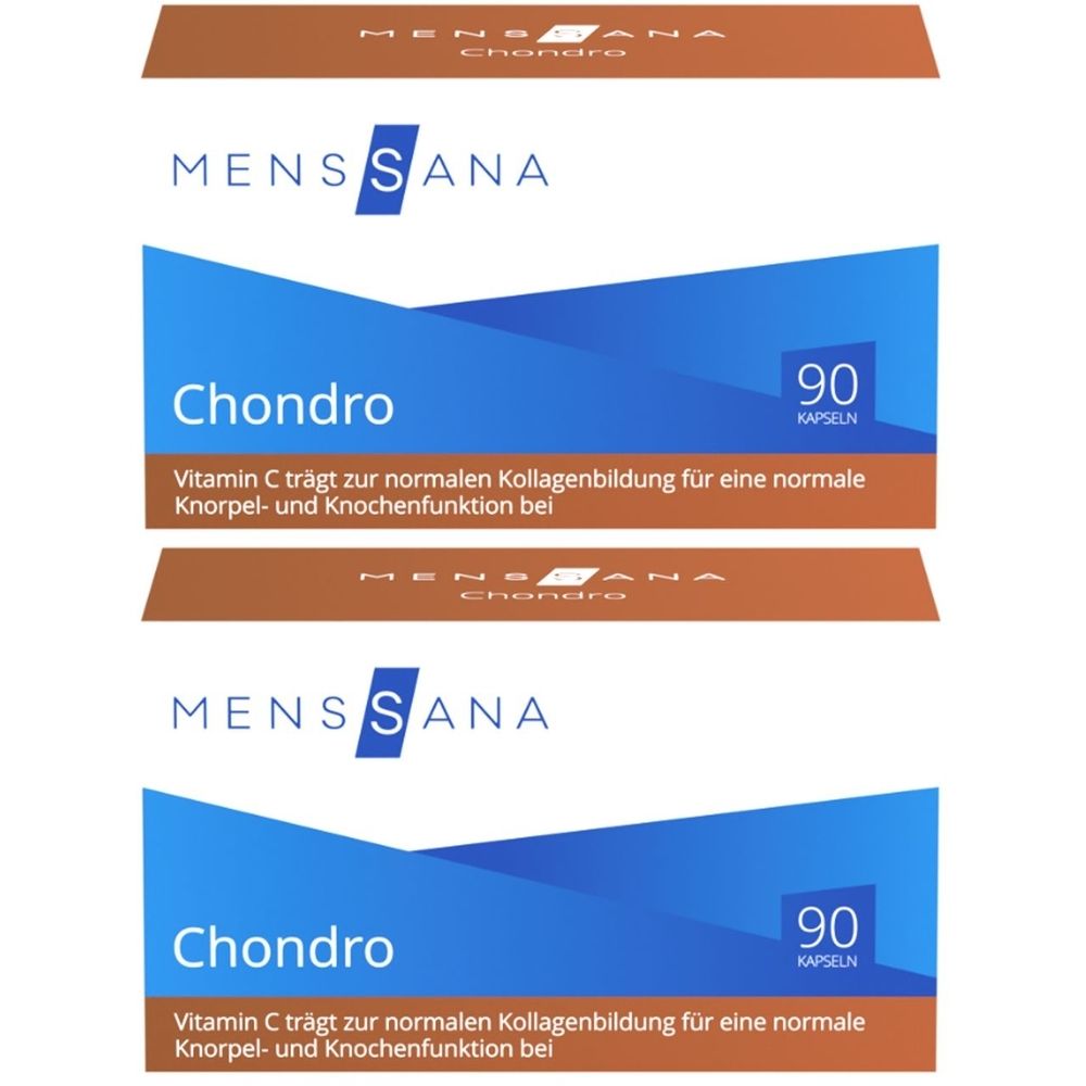 Zwei Packungen mit der Aufschrift "MENS SANA Chondro". Blaue und weiße Verpackung mit der Angabe "90 Kapseln". Text: Vitamin C für Knorpel- und Knochenfunktion.