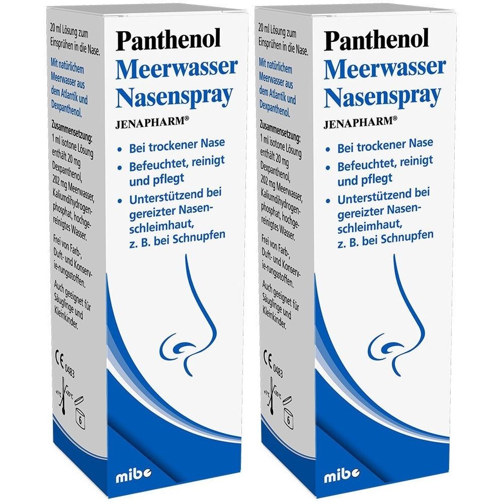 Zwei Packungen Panthenol Meerwasser-Nasenspray JENAPHARM®. Weiße Schachteln mit blauer Schrift und Nasen-Illustration.