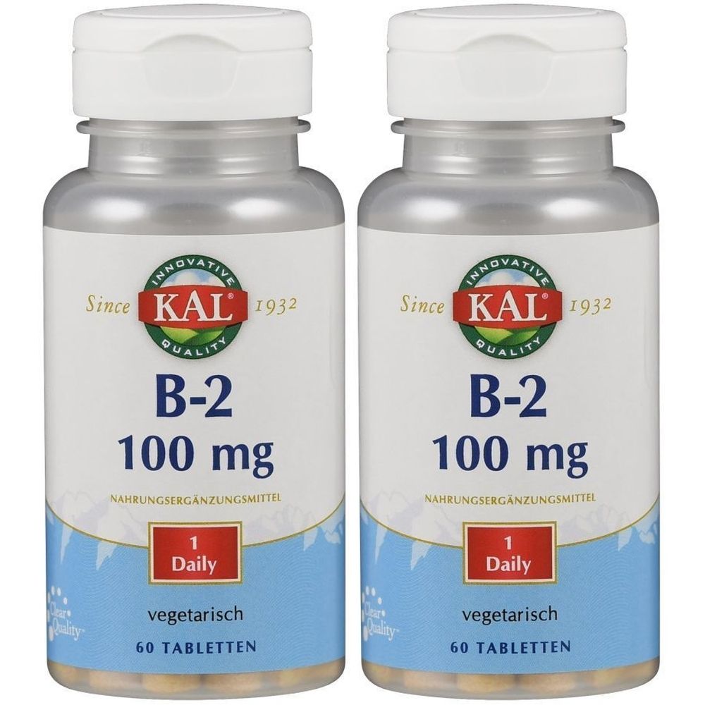 Zwei Flaschen Vitamin B-2 100 mg. Marke KAL. Aufschrift: B-2, 100 mg, vegetarisch, 60 Tabletten. Mit weißem Deckel.