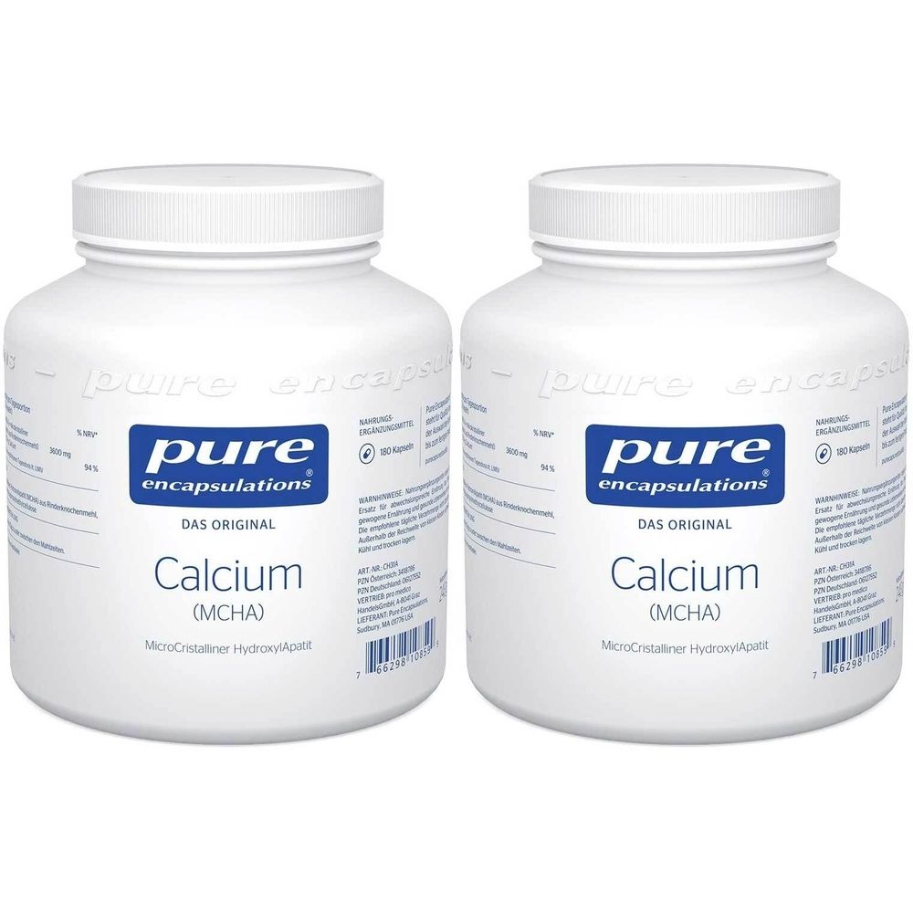 Zwei weiße Flaschen mit Schraubverschluss. Auf der Vorderseite befindet sich ein blaues Etikett mit der Aufschrift "pure encapsulations Calcium (MCHA)".