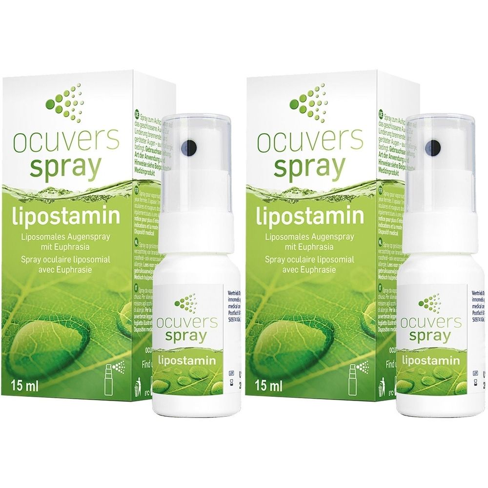 Zwei Flaschen und zwei Schachteln. Auf den Flaschen und Schachteln steht "ocuvers spray lipostamin". Auf den Flaschen steht "15 ml".