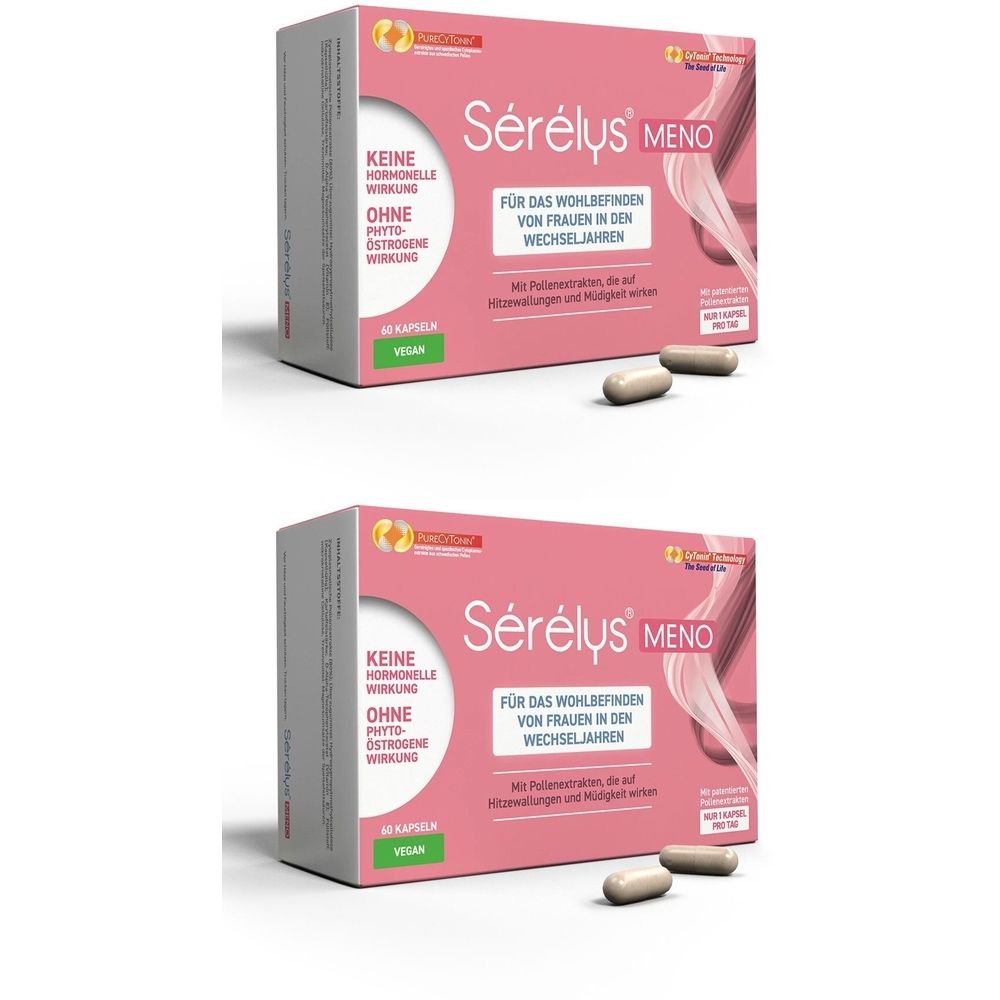 Rosa Schachtel mit Kapseln. Aufschrift: Sérélys Meno. Text: Für das Wohlbefinden von Frauen in den Wechseljahren. 48 Kapseln.
