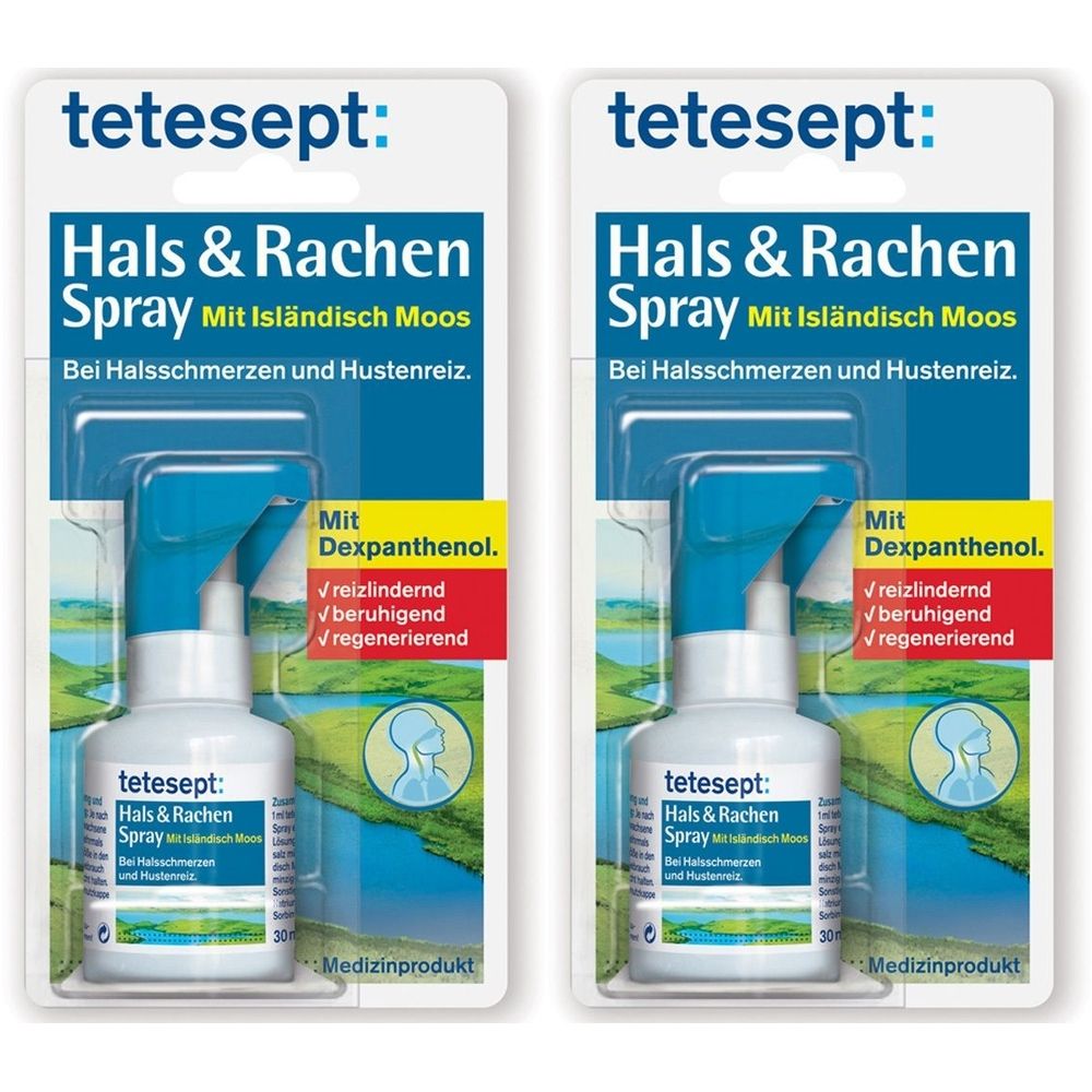 Zwei Packungen tetesept Hals & Rachen Spray. Flasche mit blauem Sprühkopf in Blisterverpackung. Text: Hals & Rachen Spray, Mit Isländisch Moos.