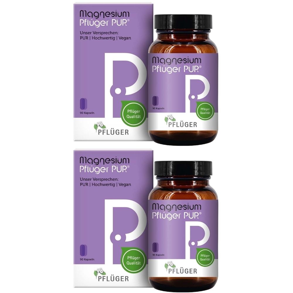 Zwei Packungen und Flaschen Magnesium Pflüger PUR®. Lila Verpackung mit weißem "P". Braune Glasflaschen mit schwarzem Deckel.