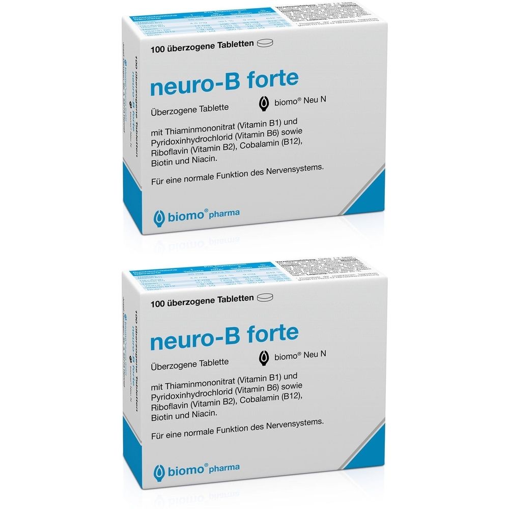 Zwei Schachteln mit "neuro-B forte" Tabletten. Aufschrift: 100 überzogene Tabletten, biomo pharma. Blaue und weiße Verpackung.