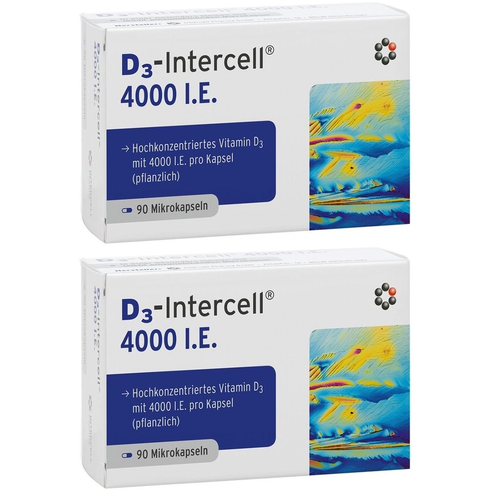 Zwei weiße Schachteln mit der Aufschrift D3-Intercell® 4000 I.E. und weiteren Informationen. 90 Mikrokapseln.
