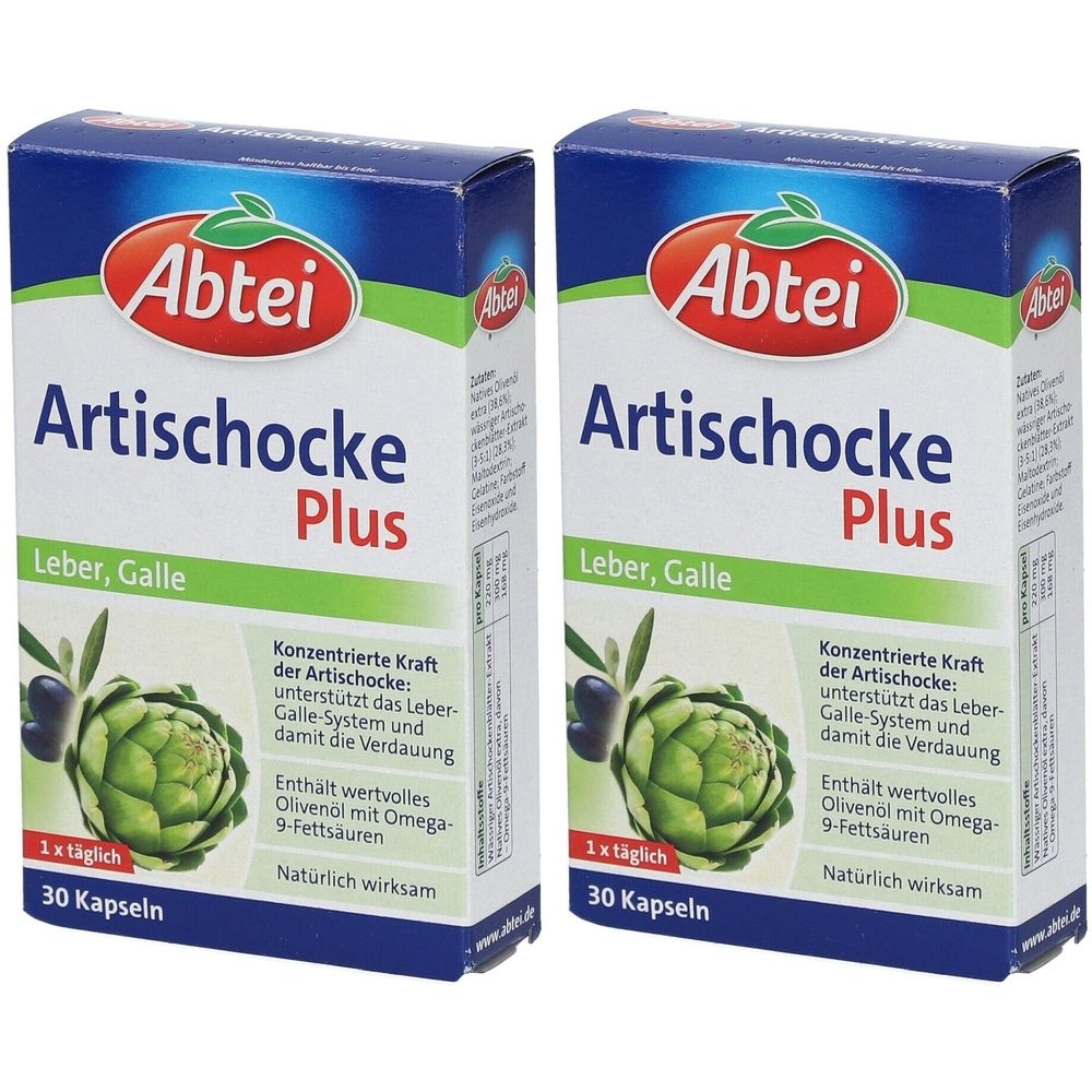 Zwei Schachteln Abtei Artischocke Plus. Blaue Verpackung mit Produktnamen und Artischocken-Illustration. Enthält 30 Kapseln.
