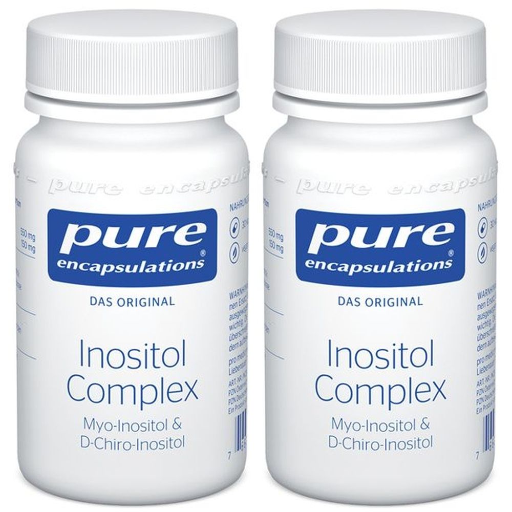 Zwei weiße Flaschen mit Schraubverschluss. Aufschrift: pure encapsulations, Inositol Complex, Myo-Inositol & D-Chiro-Inositol.