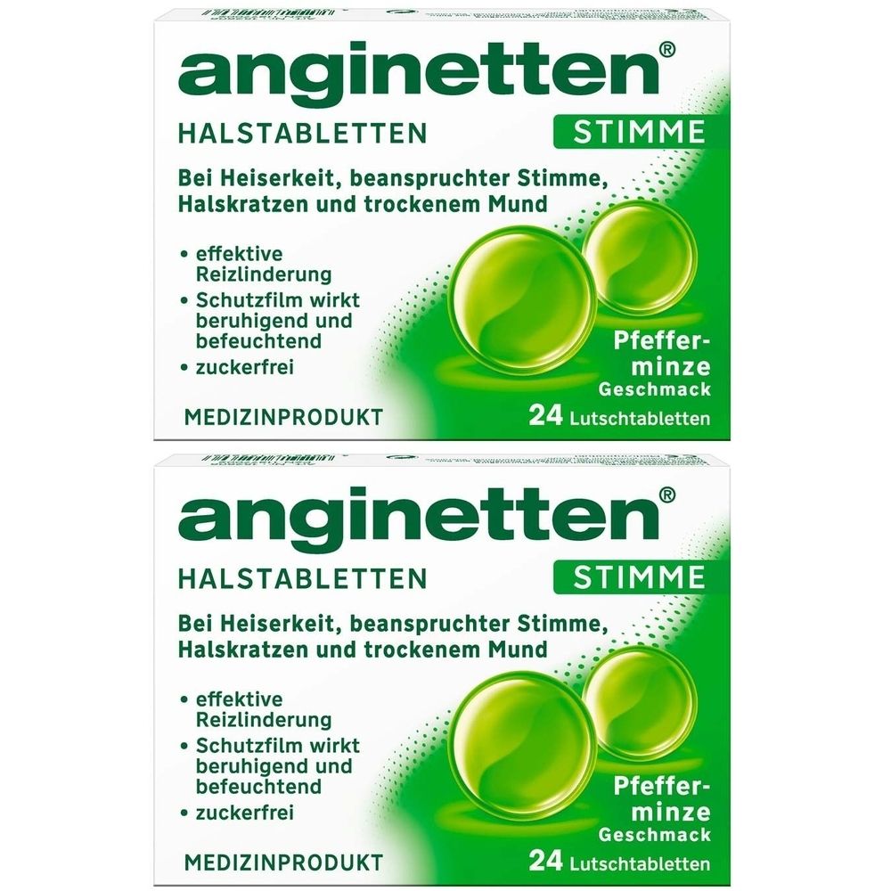 Zwei Schachteln anginetten® Halstabletten. Aufschrift: STIMME, Pfefferminzgeschmack, 24 Lutschtabletten. Medizinprodukt. Grün-weiße Verpackung.