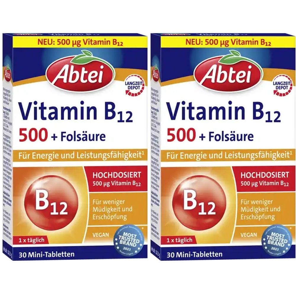 Zwei Packungen Abtei Vitamin B12 500 + Folsäure Mini-Tabletten. Blaue und gelbe Verpackung mit Produktinformationen und Logo.