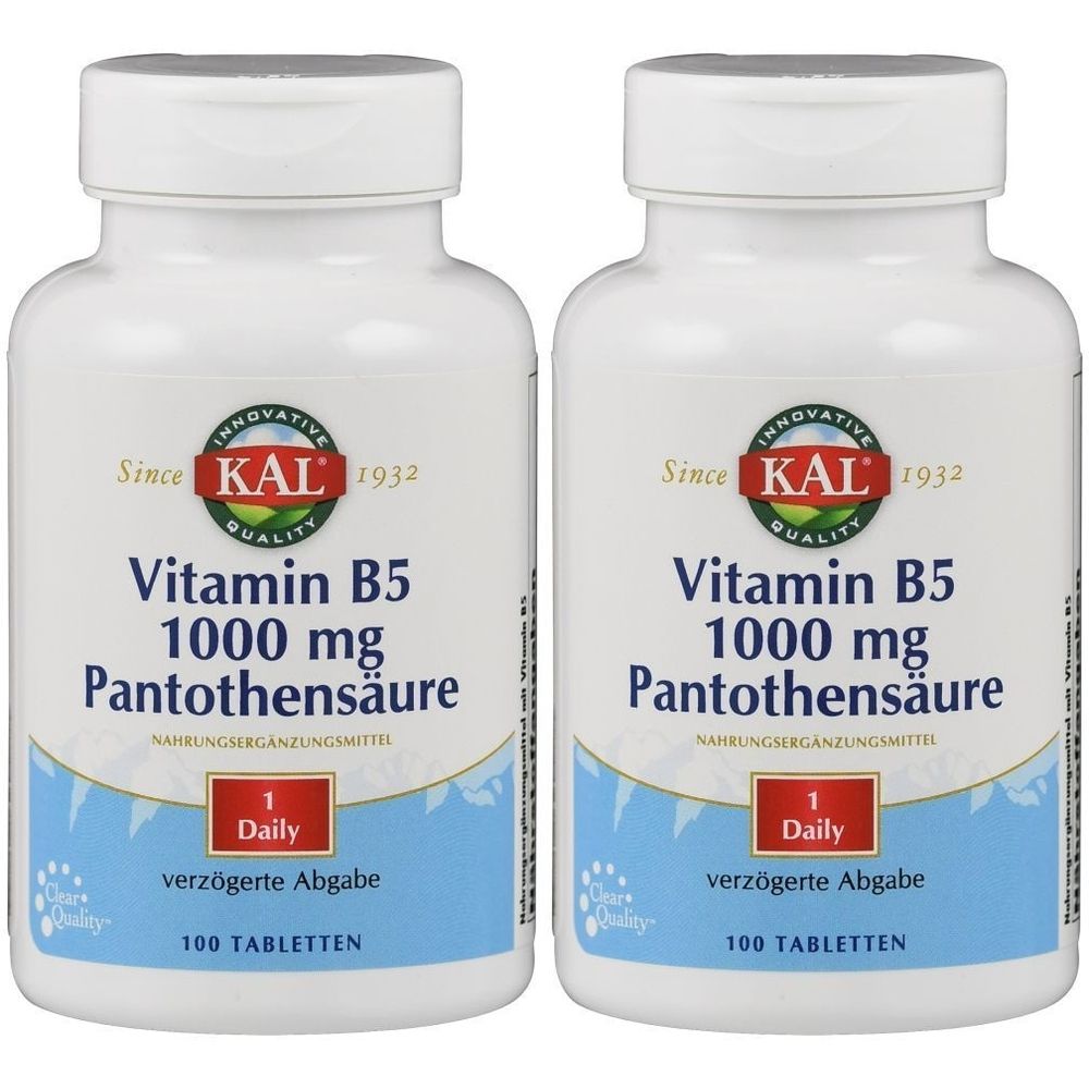 Zwei weiße Flaschen mit Vitamin B5. Aufschrift: KAL, Vitamin B5 1000 mg Pantothensäure, 100 Tabletten. Blaue und rote Akzente.