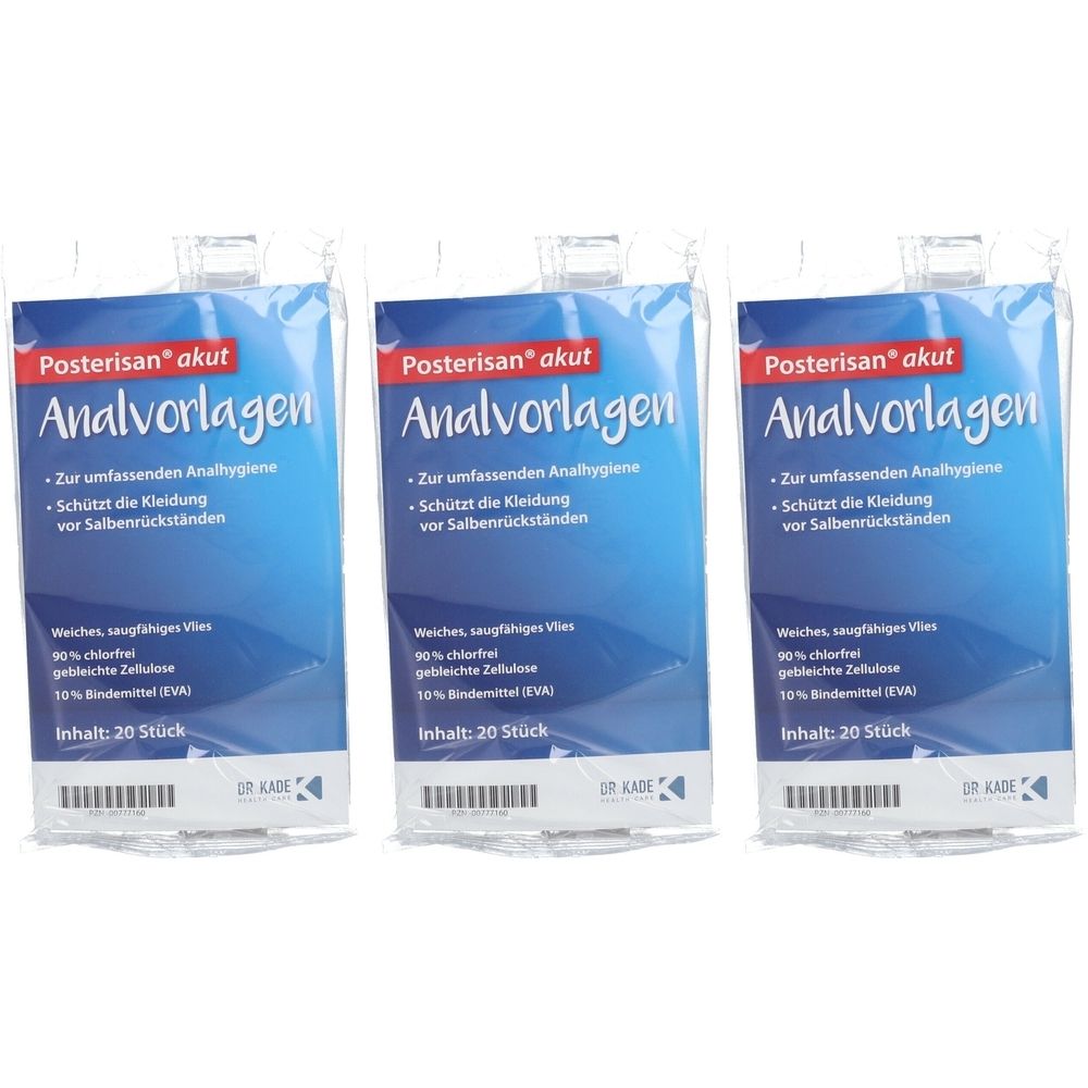 Drei Packungen Analvorlagen. Jede Packung zeigt den Produktnamen und Text. Inhalt: 20 Stück. Hersteller: Dr. Kade.