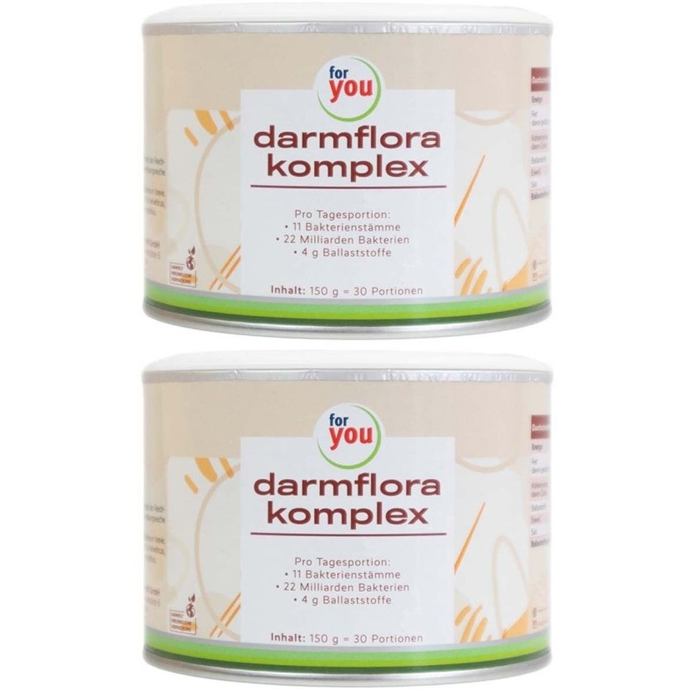 Zwei Dosen mit "for you darmflora komplex"-Aufschrift. Dose mit weißem Deckel, grünem Rand und weißem Etikett mit Produktinformationen.