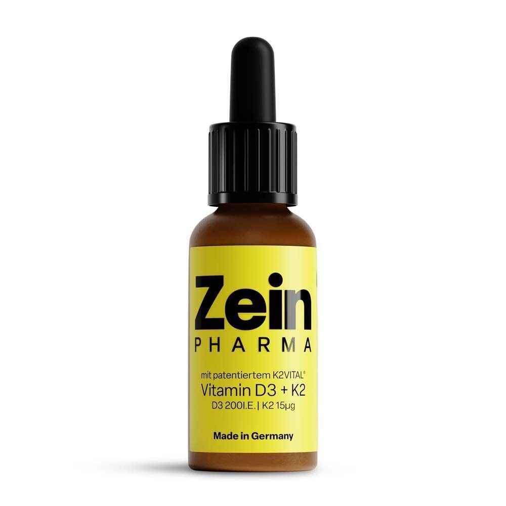 ZeinPharma Vitamin D3+K2 Tropfenflasche mit Pipette und gelbem Etikett.