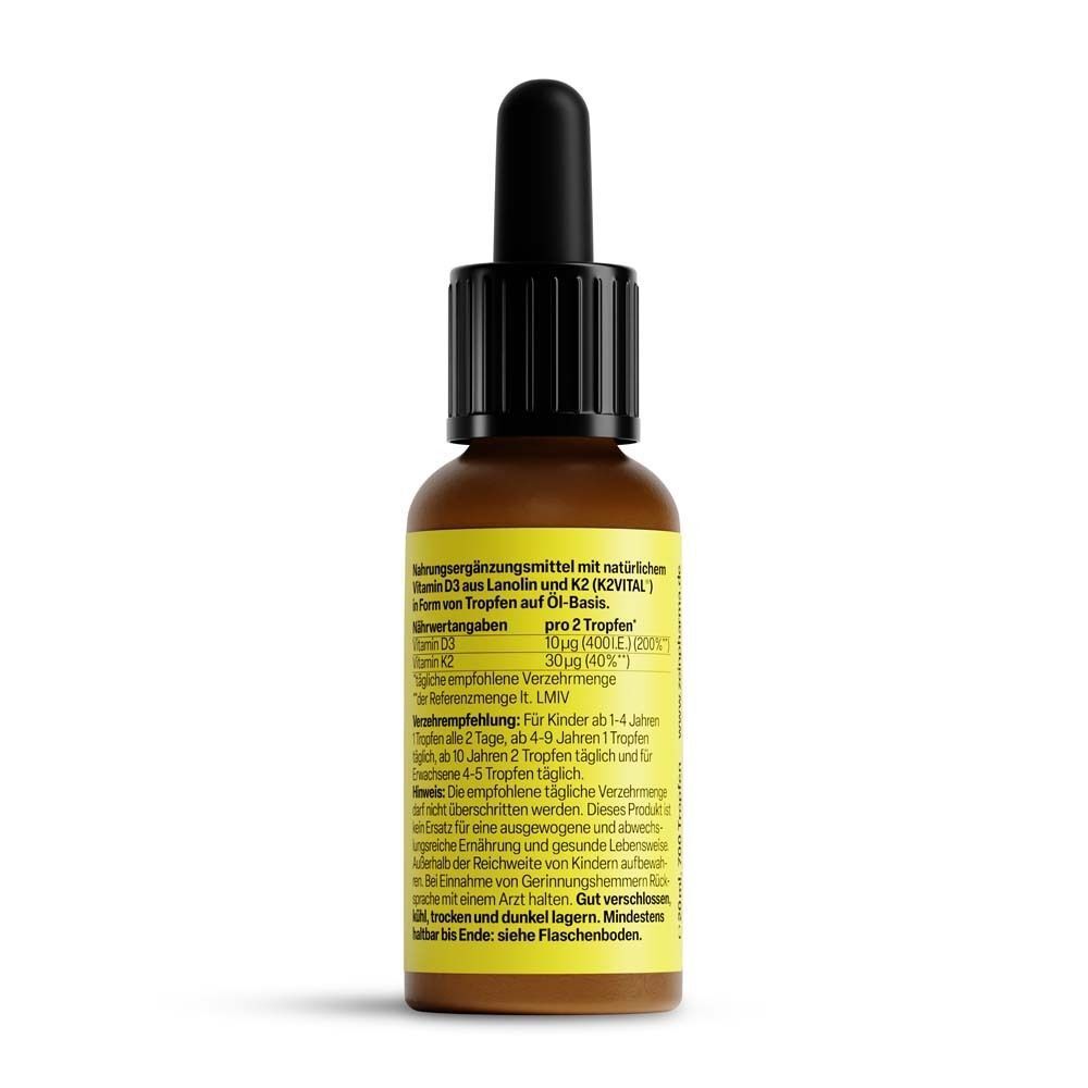 Rückseite einer ZeinPharma Vitamin D3+K2 Tropfenflasche mit Nährwertangaben.