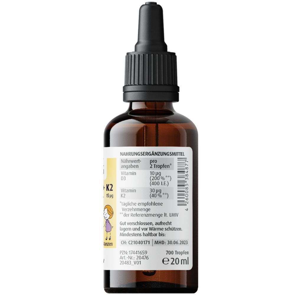 Rückseite einer ZeinPharma Vitamin D3+K2 Tropfenflasche mit Nährwertangaben und 20ml Angabe.
