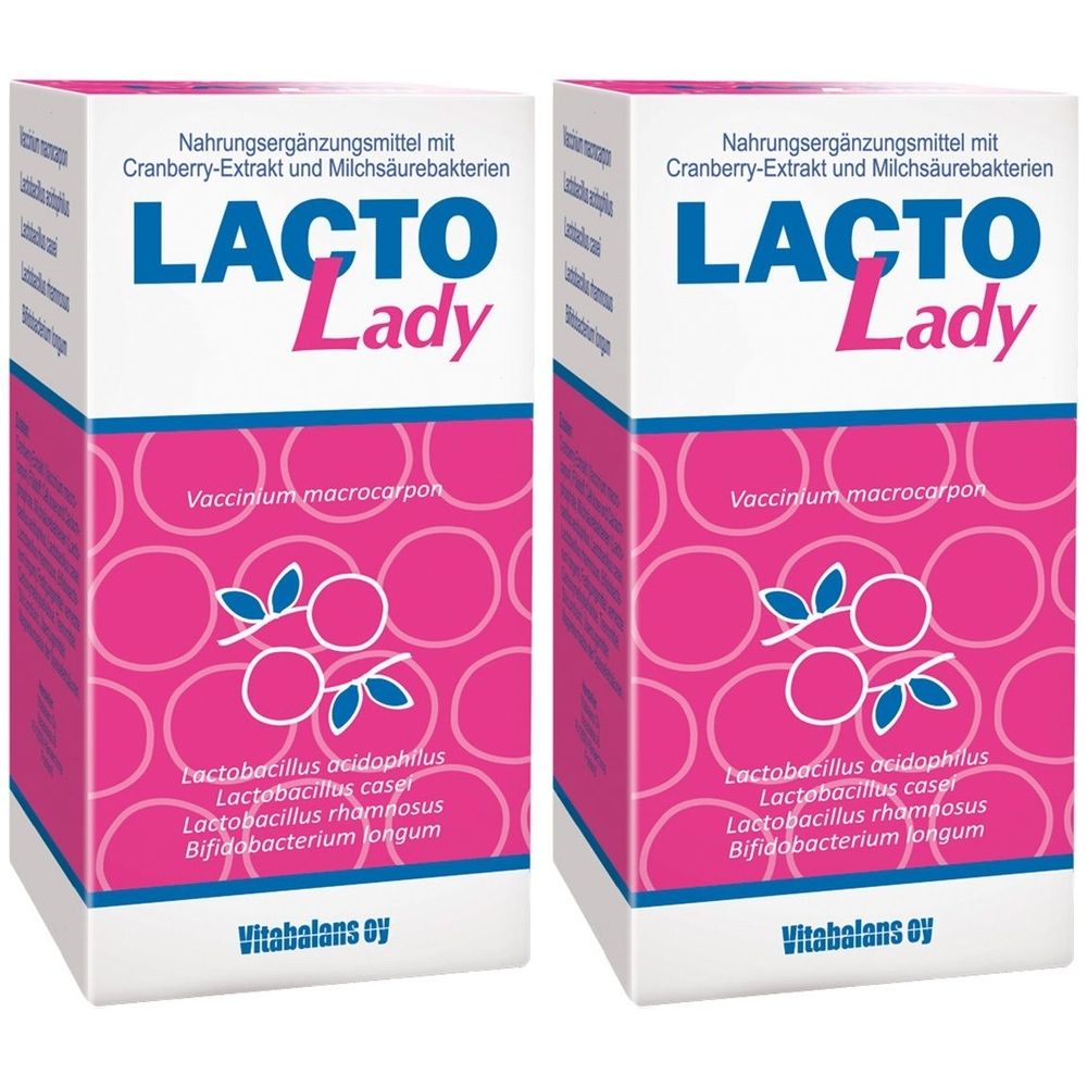 Zwei rechteckige Kartons. Aufschrift: LACTO Lady. Rosa Hintergrund mit weißen Kreisen und Cranberry-Illustrationen. Enthält Milchsäurebakterien.