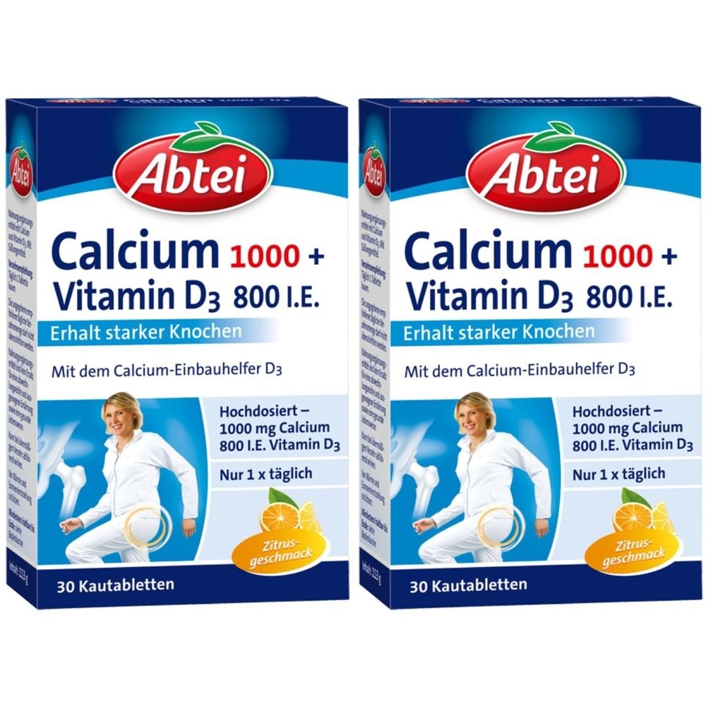 Zwei Packungen Abtei Calcium 1000 + Vitamin D3. Aufdruck: Erhalt starker Knochen. Enthält 30 Kautabletten. Zitrone Geschmack.