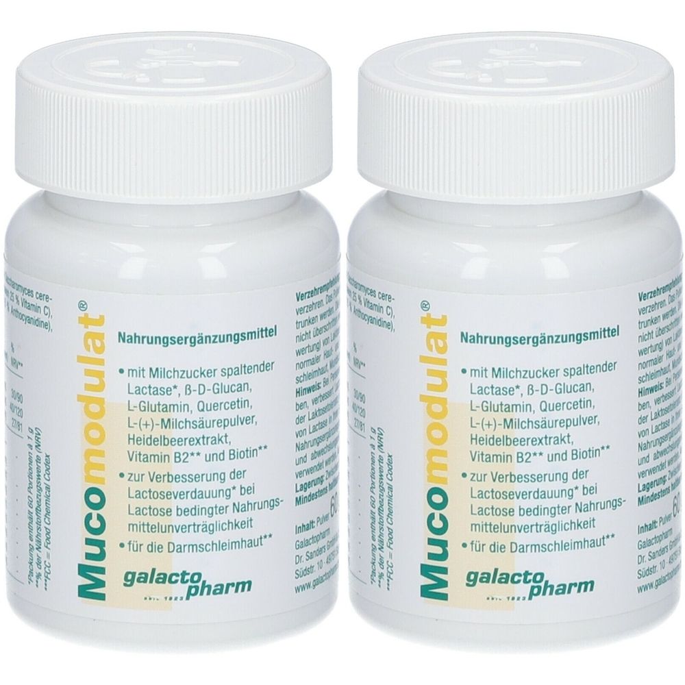 Zwei weiße Flaschen mit dem Produktnamen Mucomodulat. Aufschrift: Nahrungsergänzungsmittel, galacto pharm.
