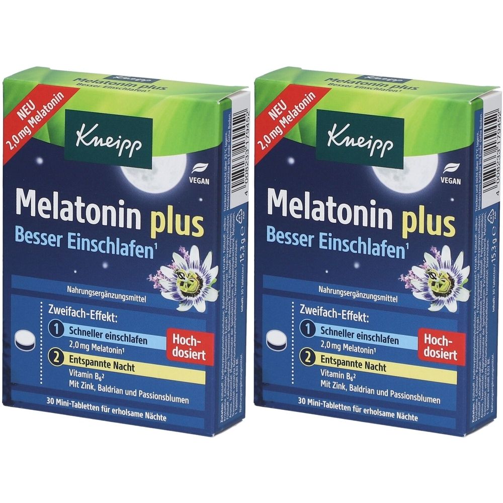 Zwei Schachteln Kneipp Melatonin plus. Blaue Verpackung mit weißer Schrift. Enthält 30 Mini-Tabletten. Aufschrift: Besser Einschlafen.