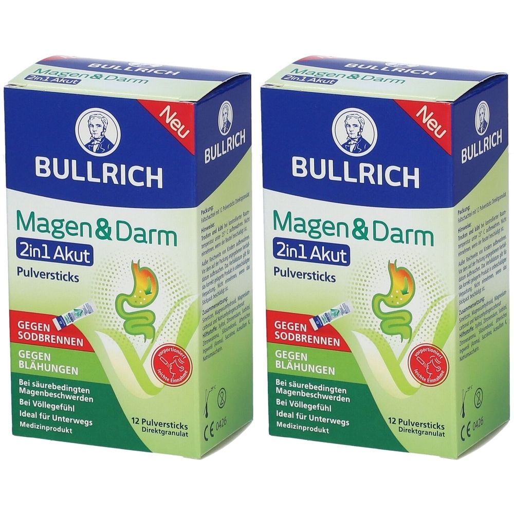 Zwei Kartons Bullrich Magen & Darm 2in1 Akut. Blaue und grüne Verpackung mit Produktinformationen und Logo. Aufschrift: Pulversticks.