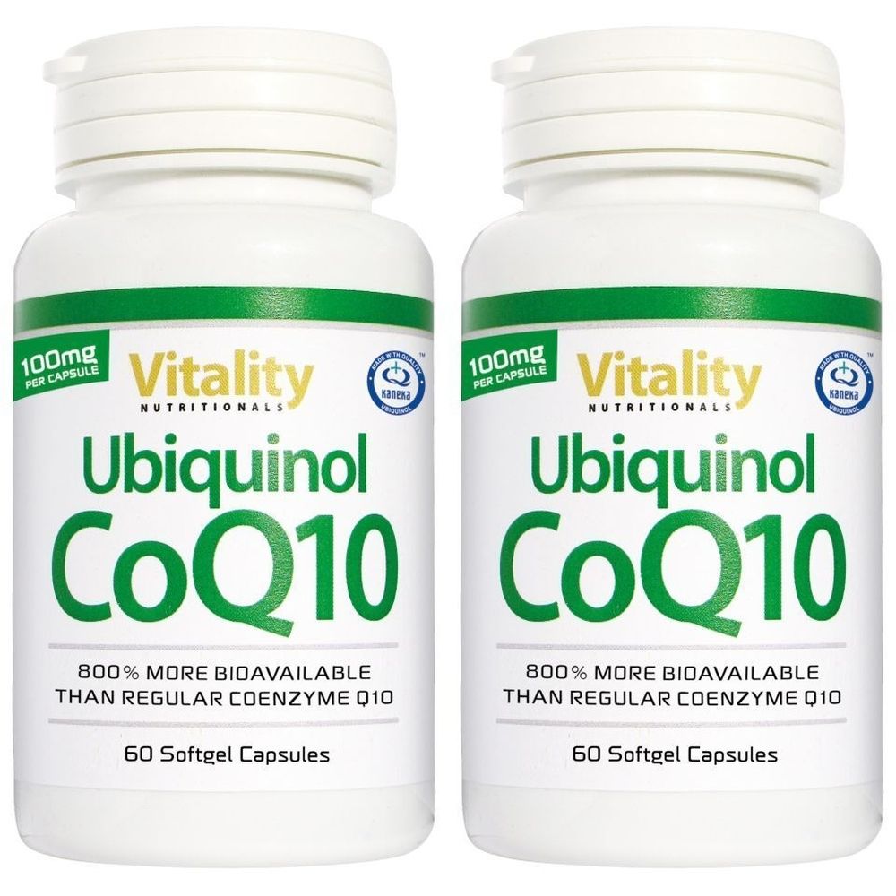 Zwei weiße Flaschen mit grünem Etikett. Aufschrift: Vitality Ubiquinol CoQ10, 60 Softgel-Kapseln. 100mg pro Kapsel.