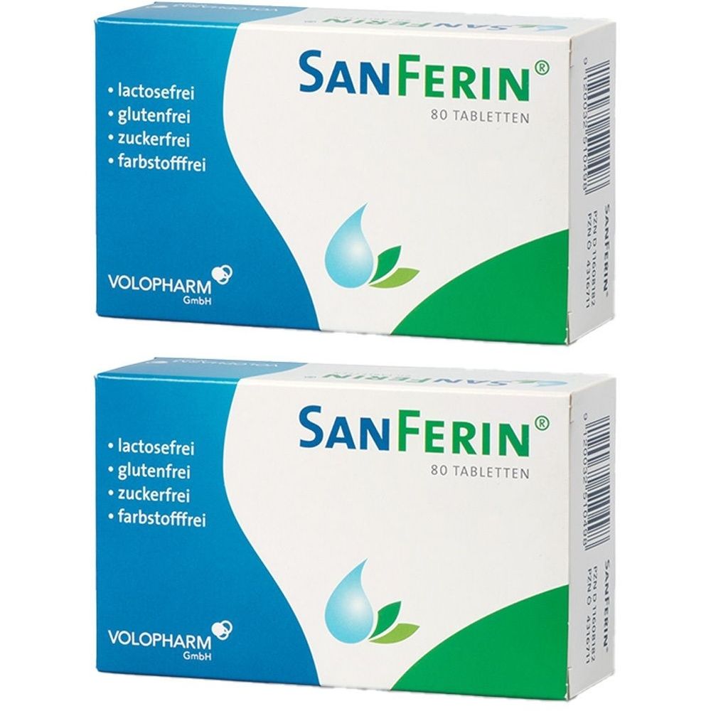 Zwei Schachteln SanFerin®. Aufschrift: 80 Tabletten. Frei von Laktose, Gluten, Zucker und Farbstoffen. Logo von Volopharm GmbH.