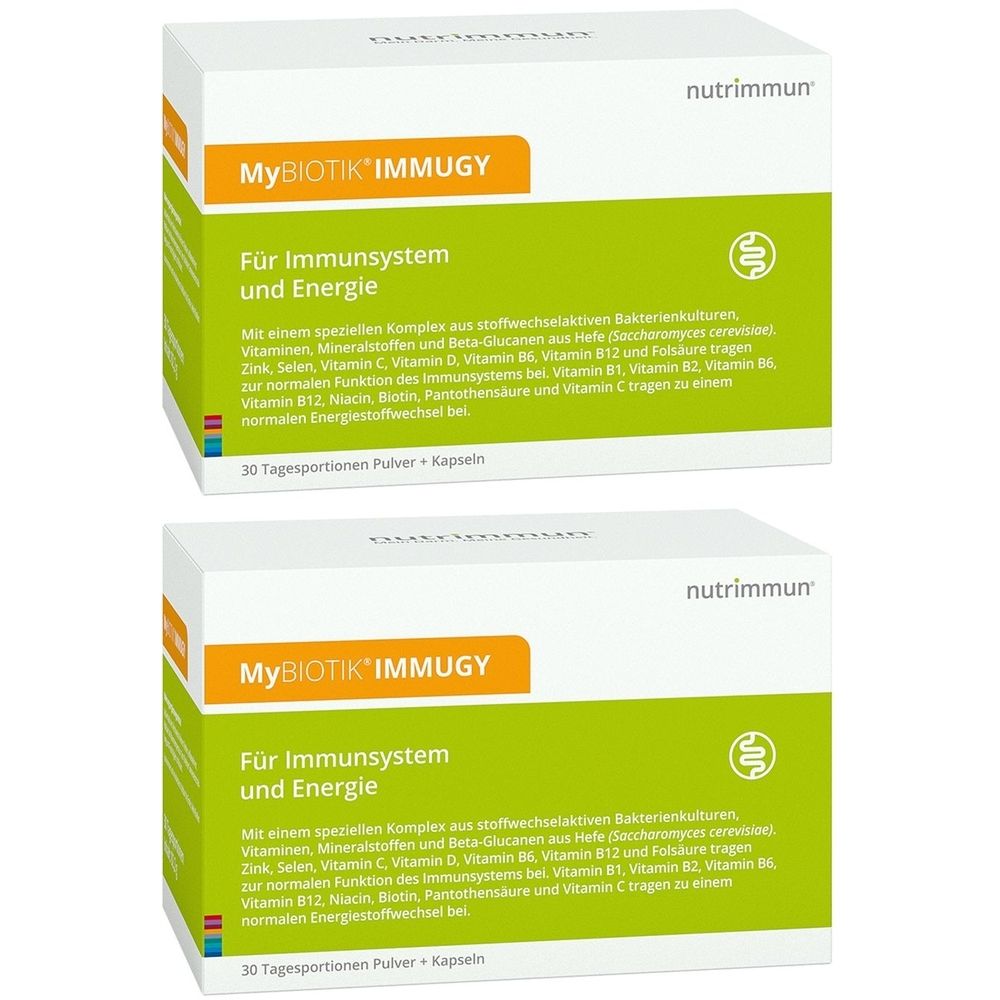 Zwei Schachteln nutrimmun® MyBIOTIK® IMMUGY. Weiße Verpackung mit grünem Streifen und Produktinformationen. 30 Tagesportionen.