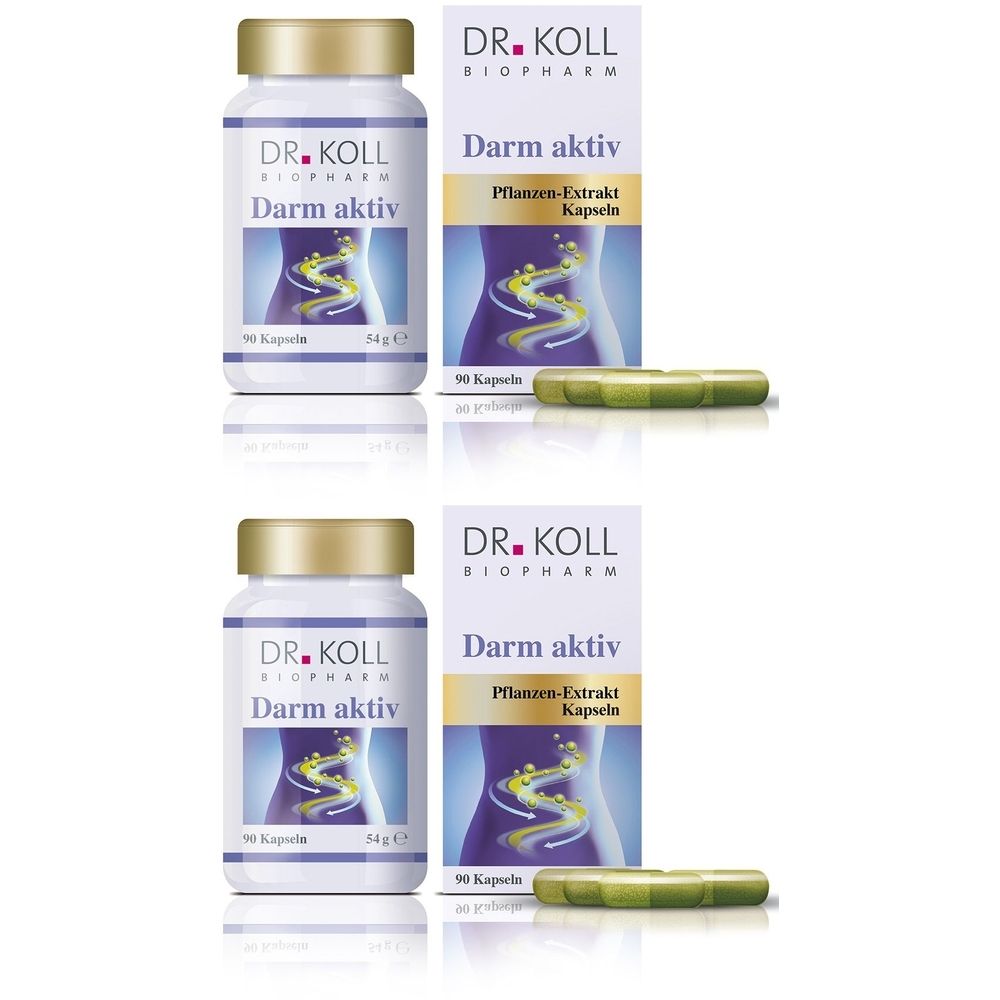 Zwei weiße Flaschen und Schachteln mit dem Produktnamen "Darm aktiv". Auf der Schachtel sind Kapseln abgebildet.