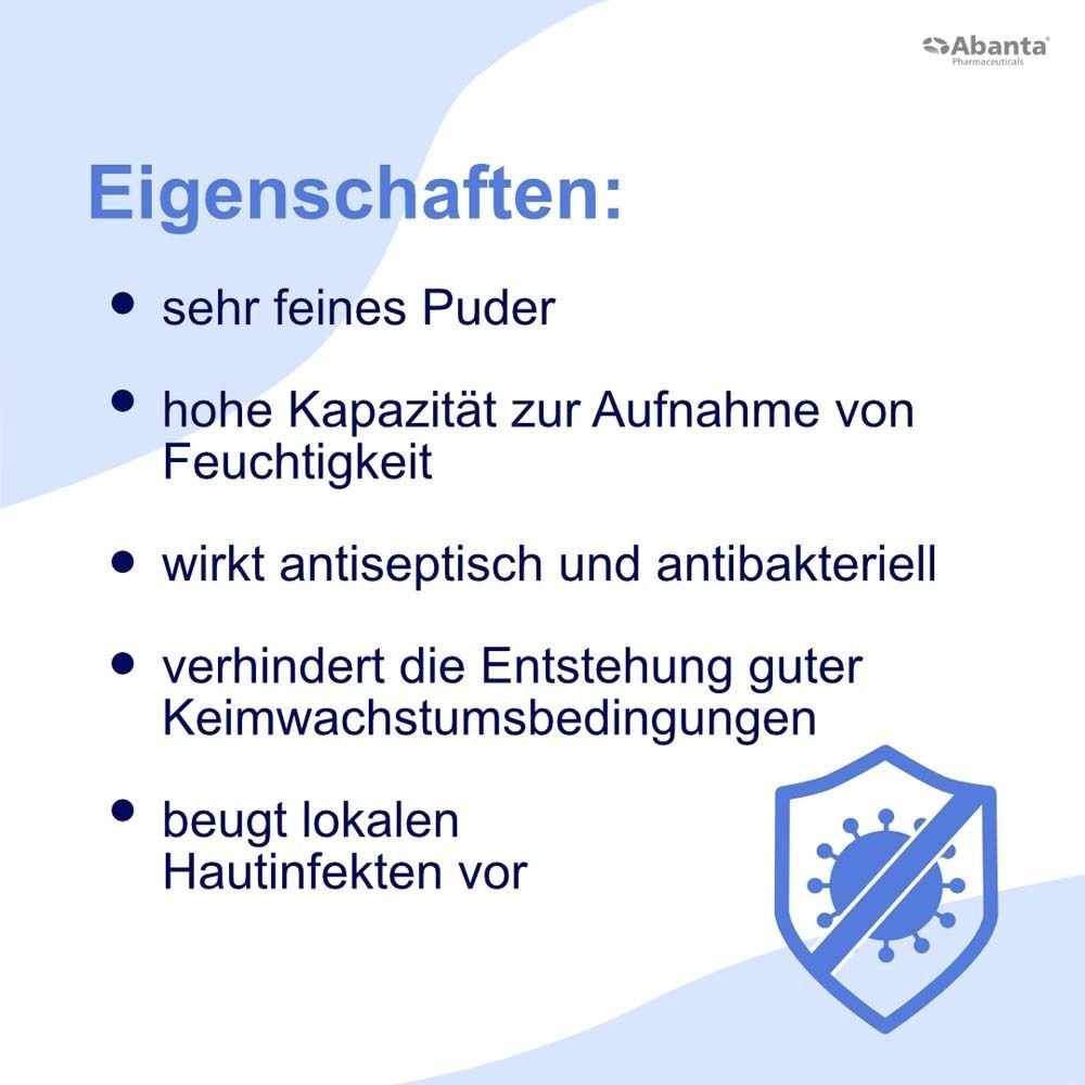 Liste mit Eigenschaften von Chlorhexidin Puder: feines Puder, feuchtigkeitsabsorbierend, antiseptisch, antibakteriell.