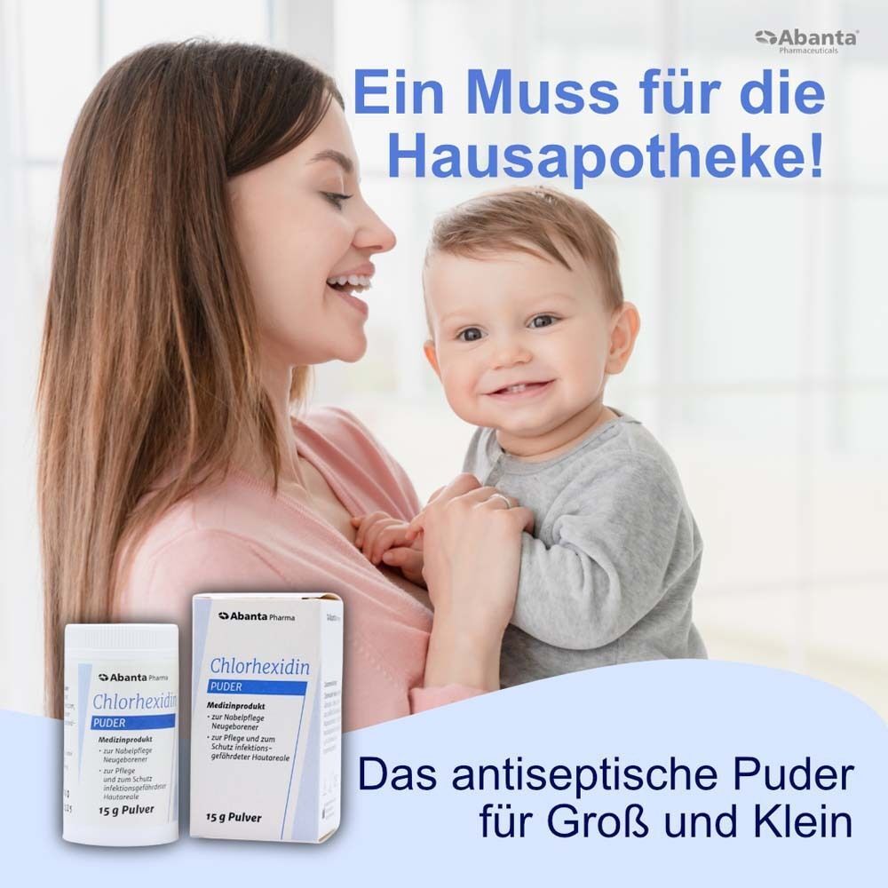 Mutter hält Baby. Daneben sind eine Dose und ein Karton Chlorhexidin Puder. Text: Ein Muss für die Hausapotheke!