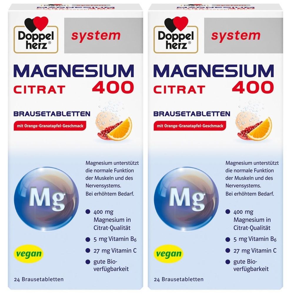 Zwei Packungen Doppelherz Magnesium Citrat 400 Brausetabletten. Aufschrift: vegan, 24 Brausetabletten. Mit Orange-Granatapfel-Geschmack.