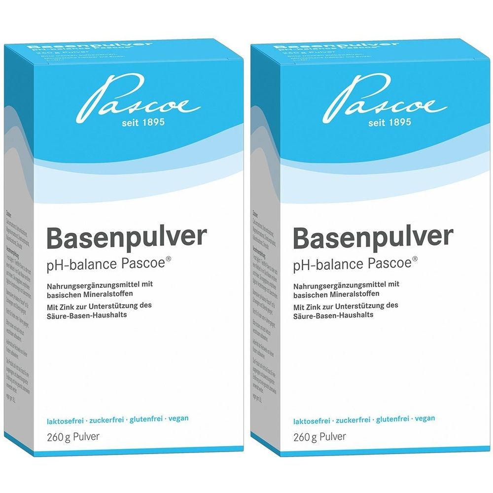 Zwei Kartons Basenpulver pH-balance Pascoe. Blaue Oberseite mit Logo und Schriftzug. Text: Nahrungsergänzungsmittel, 260g Pulver.